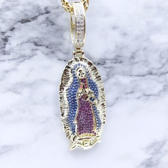 24"Franco Chain + 14K Gold Finish Holy Mary - Picture 11 of 12